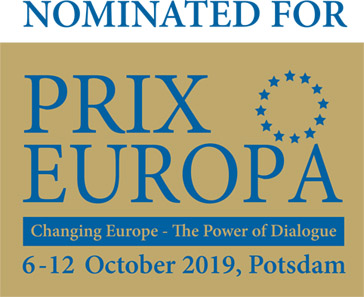 Logo Prix Europa - blaue Schrift auf goldenem Hintergrund - Aufschrift: Nominated for PRIX EUROPA