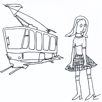 Zeichnung Sabine Kurpiers - Stilübungen, musikalisch - Ernst blickendes Mädchen vor Straßenbahn