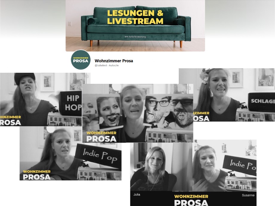 Foto-Collage mit Ausschnitten aus dem Videopodcast Wohnzimmerprosa mit Gast Susanne Franzmeyer und Host Julia Strassburg